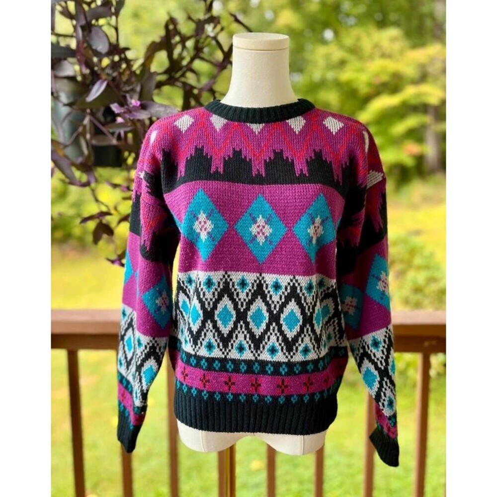 Vintage Sergio 80s 90s Geometric Colorful Knit Sweater L 14-18